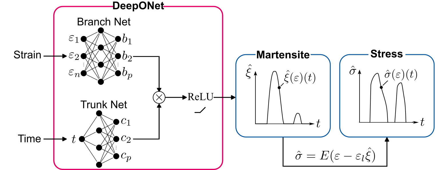 Architecture of a Deep Operator Network for determining the martensite content and stress distribution of a shape memory alloy as a function of strain and time.